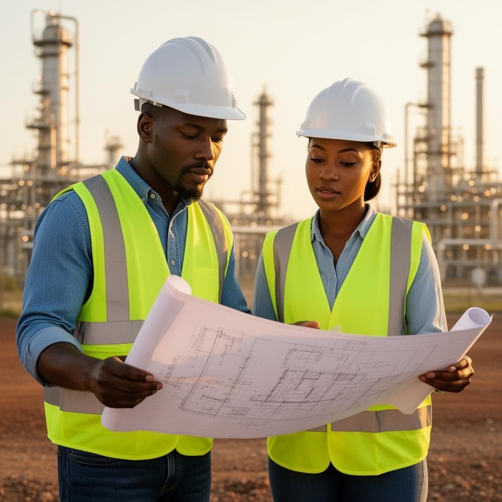 Engineers reviewing blueprints at industrial facility
